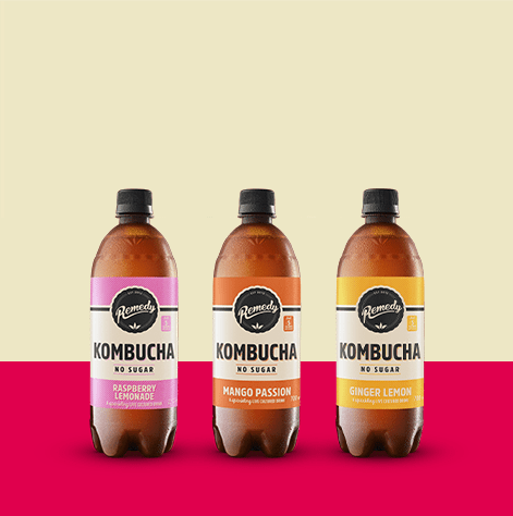 3 Remedy Kombucha Bottle flavors: Raspberry Lemonade, Mango Passion, Ginger Lemon