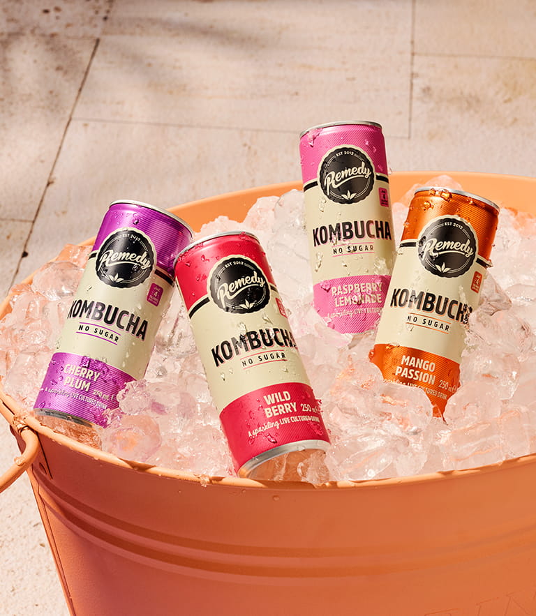 Remedy Kombucha Cans in a cooler with ice