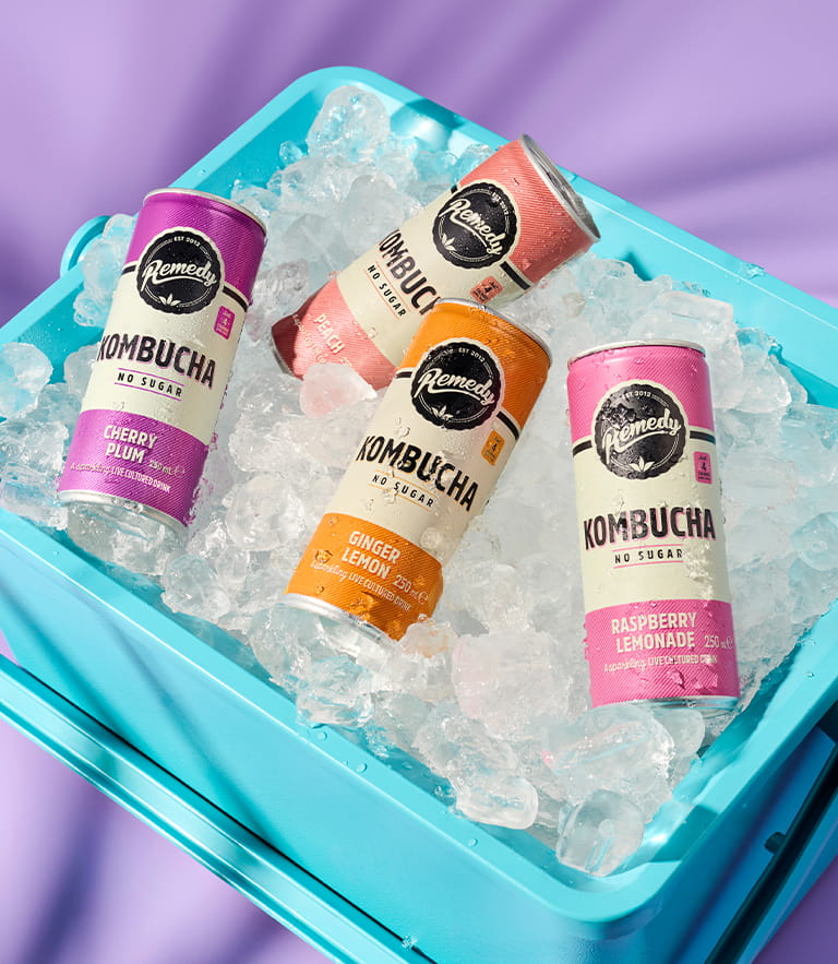 Remedy Kombucha Cans in a cooler with ice