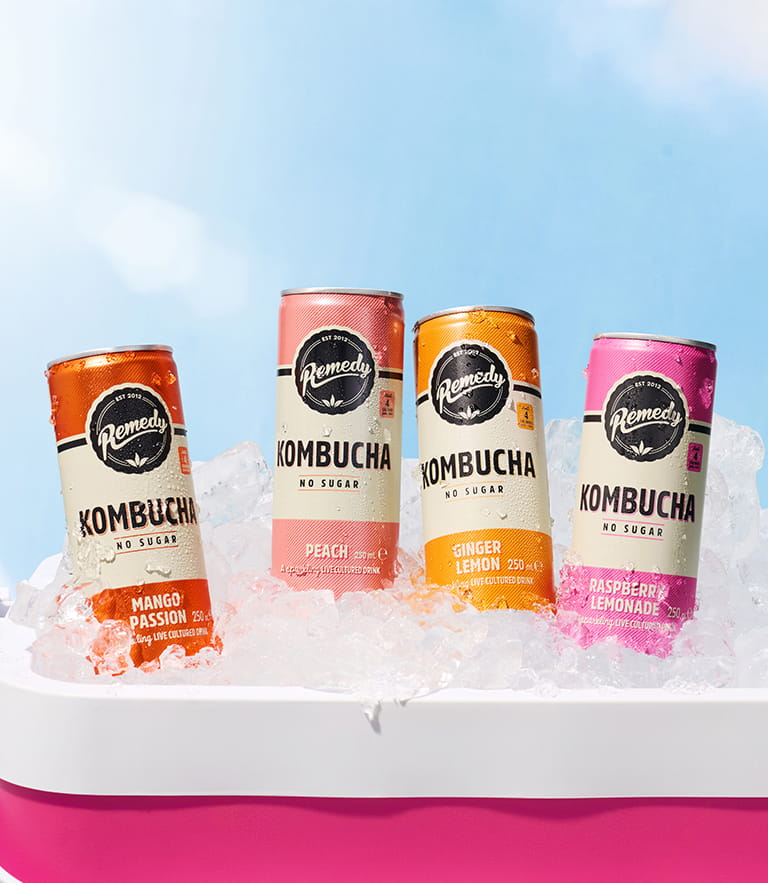 Remedy Kombucha Cans in a cooler with ice