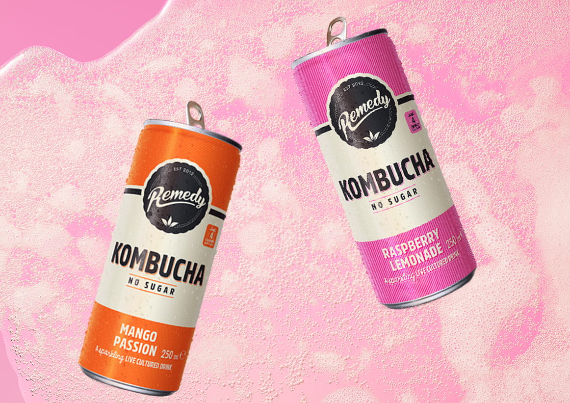 Remedy Kombucha Cans with Fizzy Kombucha Background