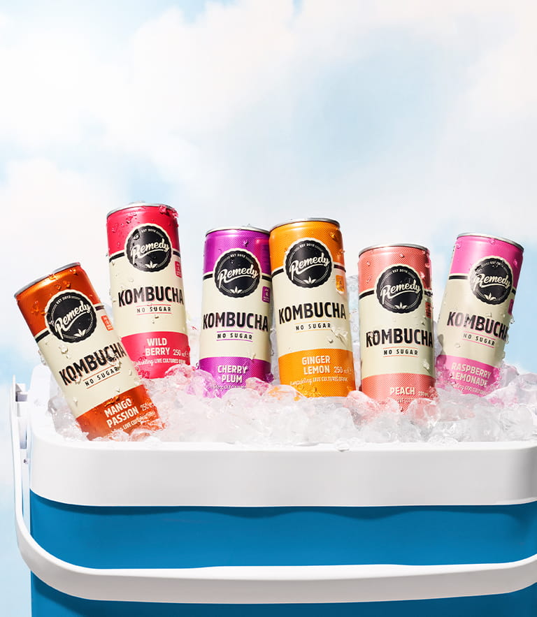 Remedy Kombucha Cans in a cooler with ice